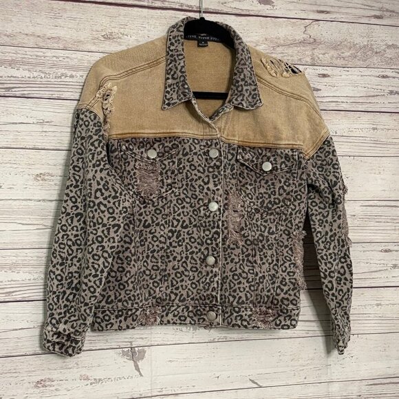HYFVE Distressed Cropped Denim Leopard Print Jacket Small - Picture 2 of 11